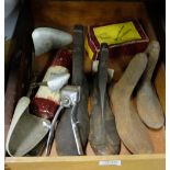 2 pairs of metal shoe lasts, old fire extinguisher, stretchers etc in box