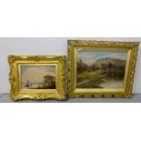 M BEDDARD signed oil on canvas of a Continental country landscape with 2 figures by a pond in a gilt