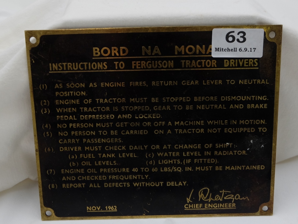 Bord Na Mona Brass Wall Plaque “Instructions to Ferguson Tractor Drivers” 1962, 7.5” x 6”