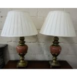 Matching Pair of Decorative Brass Mounted Electric Table Lamps, with fluted cream shades (each 32”