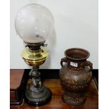 Oil Lamp – the brass bowl supported on a seated cherub, etched glass shade & a cloisonné Vase (2)