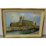 GUY WOODS signed large oil on board, Castle fortress by water jetty with several boats at anchor,