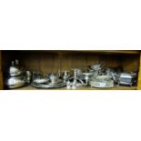 Shelf of Silver Plate Items – tea set, jugs, candelabra etc