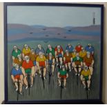 John Schwatschke “In Pursuit of Happiness”, oil on canvas, group of racing cyclists with a