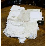 Selection of tablecloths, some circular, 2 large rectangular, 9'3" x 5'8" and 11'10" x 5' 8", lace