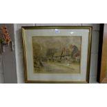 Pair of English Watercolours – village cottages, 23”w & 25”w signed Dudley Hughes 1890, gilt frames