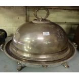 Silver Plate Oval Meat Serving Dish with well, 22” dia & a Plated Meat Cover (2)