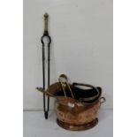 Antique Copper Coal Scuttle, steel fire tongs with a brass handle, 2 brass irons (4)