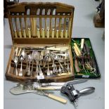 Canteen of various silver plate cutlery, assorted carving items, cork screws etc
