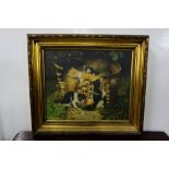 “Cats Resting”, oil on canvas, in carved gilt wood frame, signed indistinctly, 19”h x 23”w