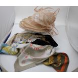 4 x ladies French scarves, Cartier, Hermes, Foulards and Ostuelli & a designer Lady’s dress hat by