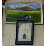 Watercolour – blue vase in a window 39 x 28cm signed JC ’96 & Summer evening Connemara, signed Brian