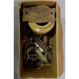 Box of metal items, old tools, Pierce Wexford plate and stoneware jar