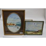 MARIE HUGHES signed 2 watercolours, one snowy scene with thatched cottages and 2 figures in an