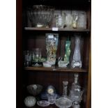 3 shelves glassware – bowls, moulded jugs, modern green vases