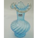 Victorian Vaseline blue bulbous vase with frilled shaped top, white border, ribbed, 12"h