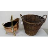 Copper fuel bucket with brass carrying handle & feet & basket with 2 handles