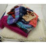 2 x lap rugs, one Foxford deep pink, one grey/beige and selection of ladies scarves, various sizes