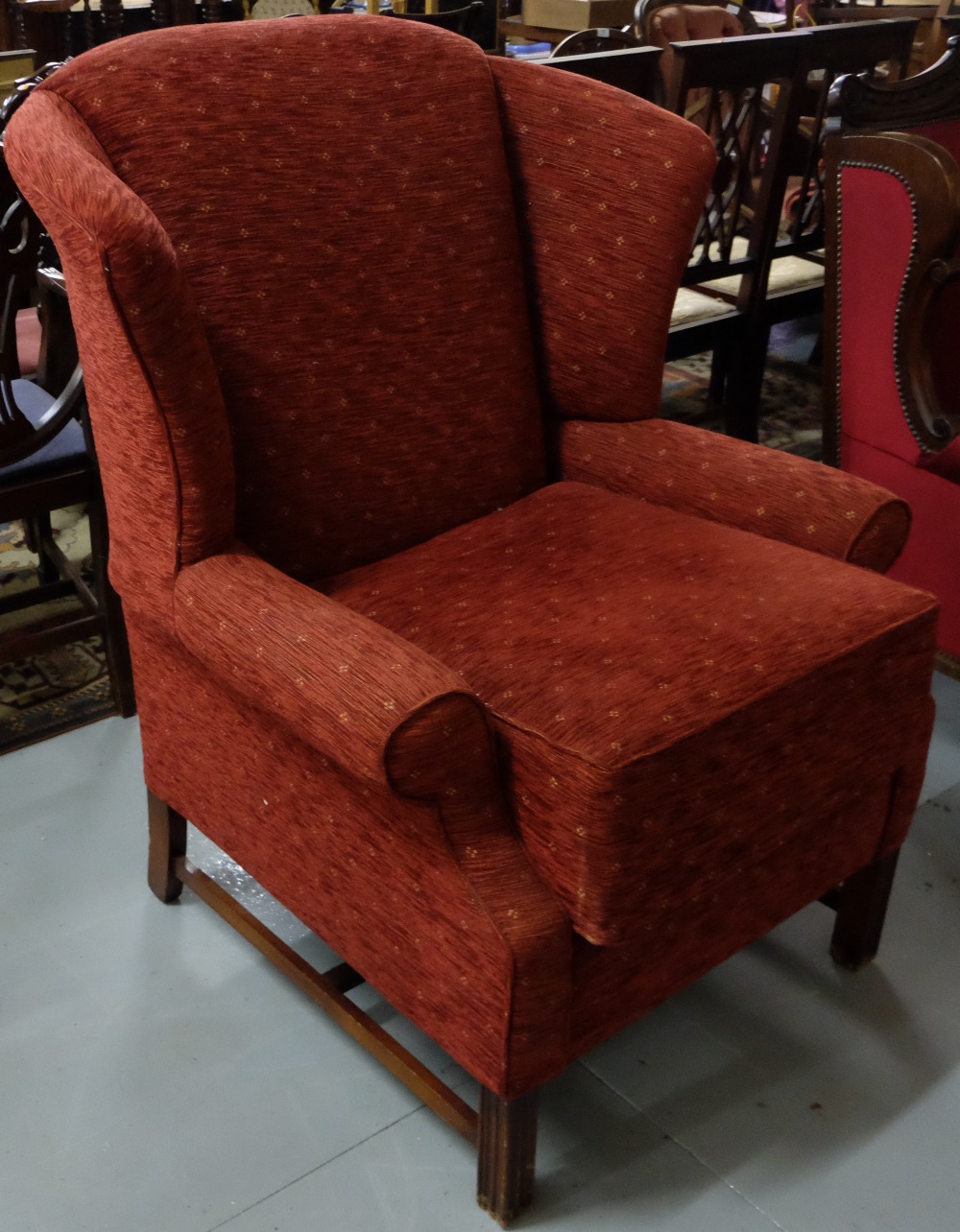 Wingback Fireside Armchair, square legs, red fabric