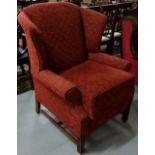 Wingback Fireside Armchair, square legs, red fabric