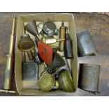 Box of small oil cans – Singer etc & brass hand pump etc