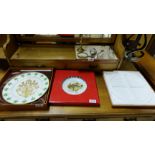 Box of silver plate & brass items – small trays etc, & souvenir plates (Pope John Paul visit 1979)