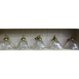 Matching Set of 5 ribbed glass ceiling lights with brass holders