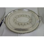 Oval Silver Plated Tray with dart borders and decorative greek key and leaf designs, 24” w