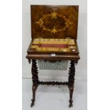 Victorian Walnut Sewing Table , the hinged lid enclosing an inlaid interior, with an arrangement