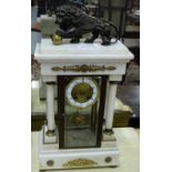 19thC White Marble and brass mounted Mantle Clock, the top mounted with bronze figure of roaring