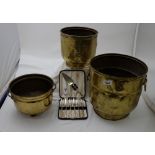 3 brass jardineres (various sizes) & presentation case of 6 pastry forks (4)