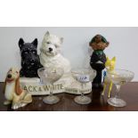 Black and White Scotch Whiskey Stand, 3 babysham glasses & mascot, Andy Capp & 2 Wade dogs (8)