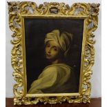 19thC Oil on Canvas – Portrait of Woman wearing a white turban, 25”h x 18”w, in a decorative