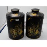 Pair of Matching Black Ground Tea Bins, impressed with Chinese Figures, each 16”h (2)