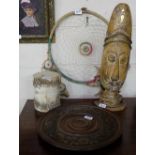 4 items – African Drum, Indian Dream catcher, tribal mask & circular tray with brass inlay (4)