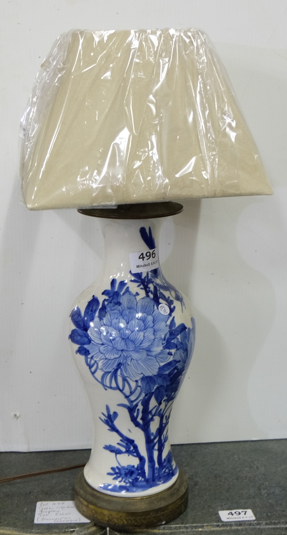 Blue and white Porcelain electric Table Lamp, with bird and floral detail, 17”h