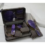 Cased Enamel and Silver Backed Lady’s Vanity Set including hair brushes and mirror etc