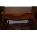 19thC French Marquetry Card Table, with brass railing and sabre legs with brass mounts, folds-over