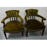 Matching Pair of Edw. Low Sized Occasional Armchairs, green fabric covers