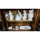 2 shelves of china – set 4 Masons vases, Madonna with child, trays, Nao nativity etc