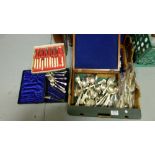 Box of silver plate cutlery, canteens etc