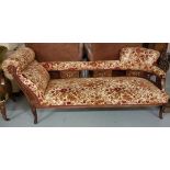 Victorian Inlaid Mahogany Framed Chaise Longe, on sabre legs, beige and red fabric