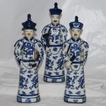 Set of 3 modern Chinese Characters in traditional dress, blue and white (each 17”h)