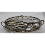 Large collection silver plate cutlery – forks, servings spoons, dessert spoons etc, on a tray