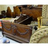 Victorian Mahogany Bed Frame with metal side irons, the head and base boards decorated in relief