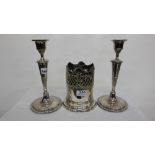Pair of Adams Style Candlesticks & a wine bottle coaster with fretwork designs, (3)