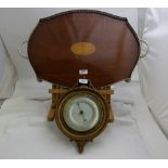 Mahogany Tray with sl pl gallery & an English 1960’s wall barometer (2)