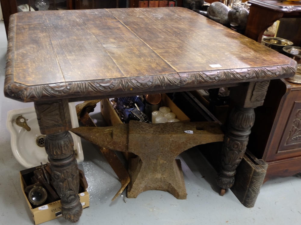 Victorian Extendable Country Oak Dining Table, on turned legs, carved borders, 41” deep, extends