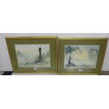 Pair Watercolours by Basil Rowls - "Moonlight" & View of Landscape Through a Fence (2)