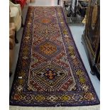 Persian Wool Floor Runner, blue ground with multiple central diamond patterns, 3m x 0.9m